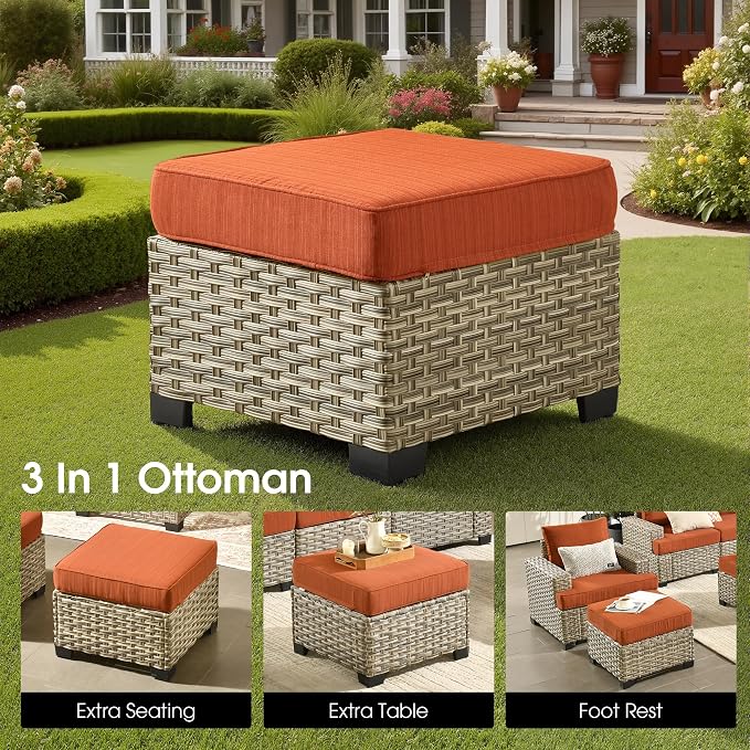 Outdoor Sectional Patio Furniture Set,7 Pieces All Weather Rattan Wicker Conversation Sets,Out Door Furniture with Ottoman Single Chair,Orange Red