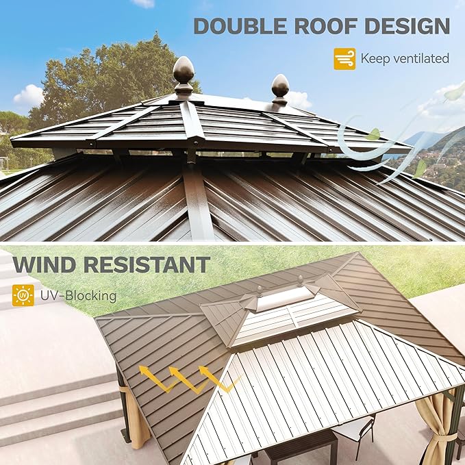 DWVO 10x12ft Hard top Gazebo Double Roof Galvanized Steel Outdoor Metal Pavilion Gazebo with Netting, Curtains for Backyard, Patio and Deck