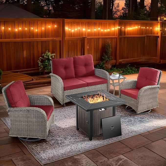 5 Piece Patio Furniture Set with Fire Pit Table - Wicker Patio Conversation Set with Swivel Glider, Glider Loveseat, Tempered Glass Side Table for Deck Backyard - Grey Wicker Red Cushion