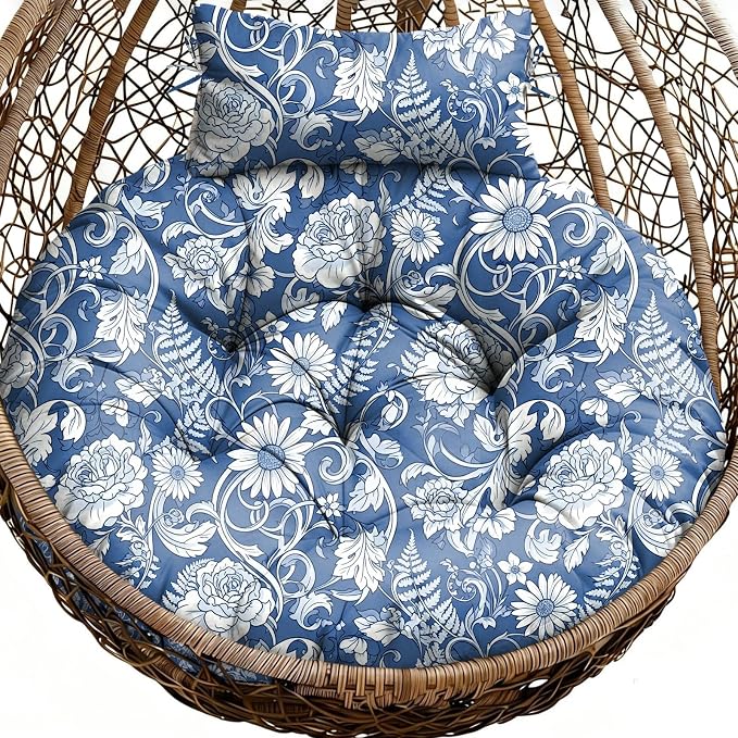 Outdoor Round Egg Chair Cushion Replacement, Waterproof 45" L x 45" W Thicken Hanging Swing Egg Chair Cushions with Headrest Pillow, Soft Wicker Basket Eggs Chairs Pad for Garden Offices (Blue Rose)