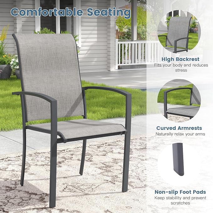 DIFY 5 Pieces Outdoor Dining Set, Metal Patio Table and Chairs Set for 4 with Umbrella Hole, 40.6" Round Dining Table and Textilene Stackable Patio Chairs for Garden Backyard Poolside, Grey
