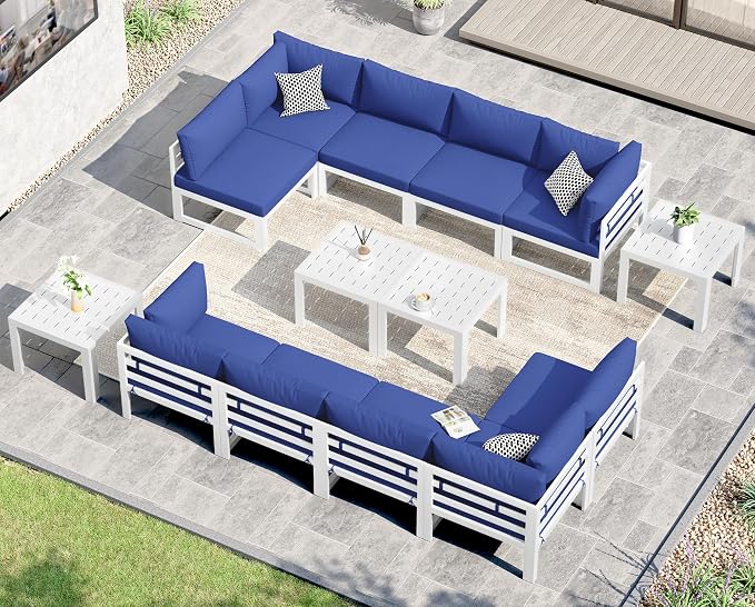NICESOUL 14 Piece Extra Large Contemporary Aluminum Outdoor Furniture Set with End Table 29" Deep Wide Couch Set, 500 lbs High Weight Capacity Modular Patio Sectional Sofa for Poolside Deck, Navy Blue
