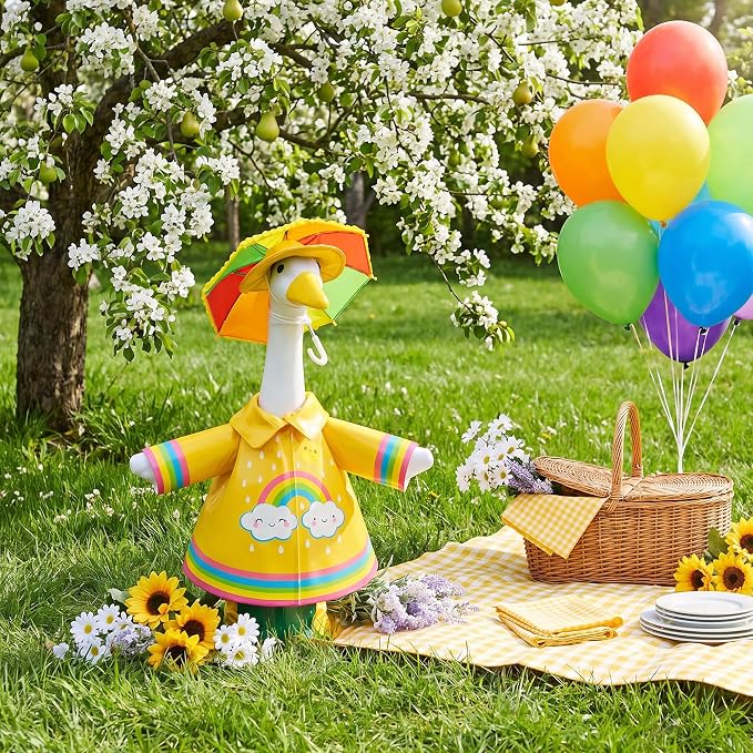 DECOHS 3 Pcs/Set Raincoat Porch Goose Outfits, Summer Lawn Goose Statue Raincoat Costume, Yard Goose Clothes Raincoats Umbrella Hat Outfit for 23" Statue Patio Garden Decoration (Yellow Rainbow)