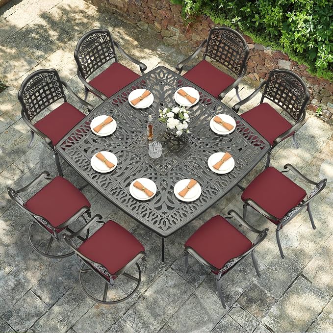 VIVIJASON 9-Piece Outdoor Dining Set, Cast Aluminum Patio Table & Chair Furniture Set for 8, Include Large 64" Square Dining Table, 2 Swivel Rocker Chairs, 6 Stationary Chairs, Umbrella Hole, Red