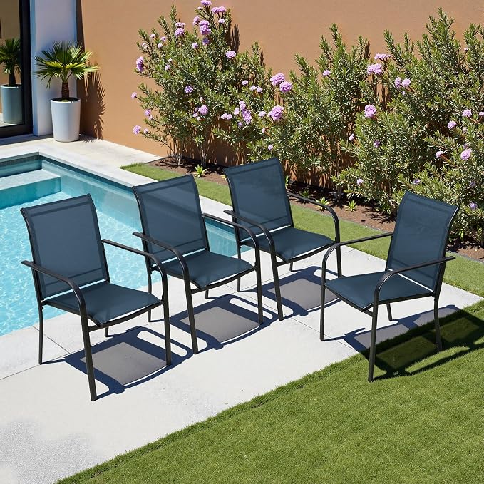 SUNCROWN 7 Pieces Outdoor Dining Set, Patio Furniture Set with 6 x Textilene Dinning Chairs and 1 Steel Slat Metal Bistro Table for Garden Lawn Backyard Deck (Dark Blue)