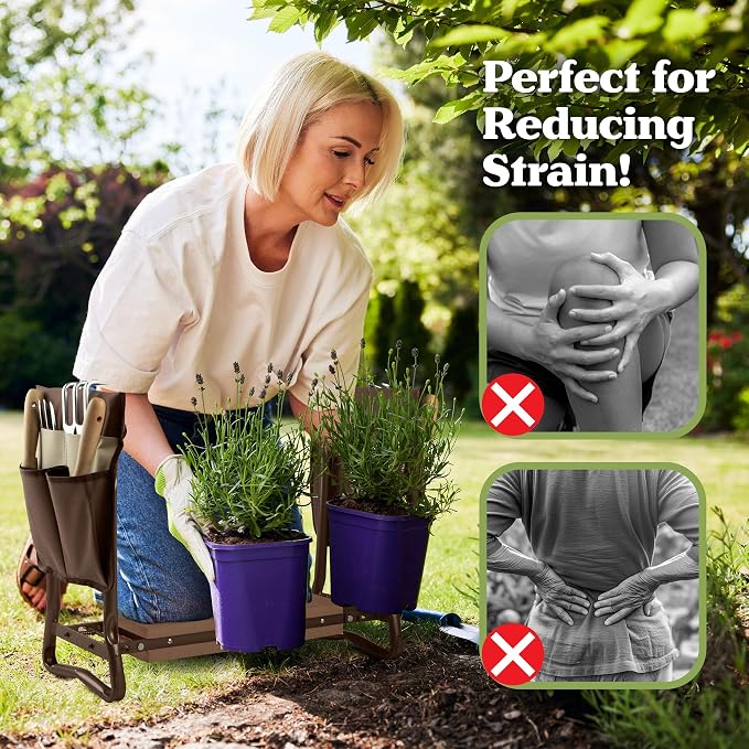 Pure Garden Garden Kneeler and Seat - 2-in-1 Foldable Garden Kneeling Pad and Stool with Removable Pockets for Gardening Tools - Gardening Gifts for Women, Mom, Dad, Seniors or Grandparents (Brown)