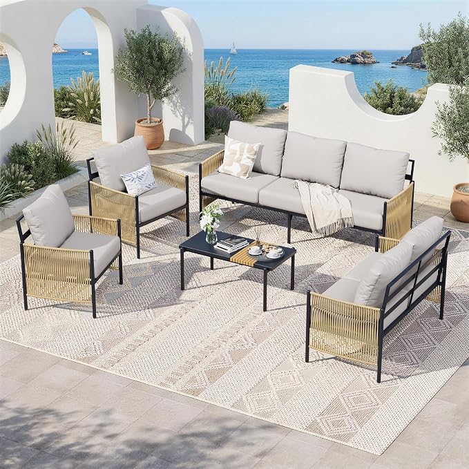 Aluminum Outdoor Patio Furniture Set, 7 Seats Outdoor Sectional with Coffee Table, Patio Conversation Sets with Washable Thick Cushions and Waterproof Cover for Backyard/Garden /Poolside, Silver Gray