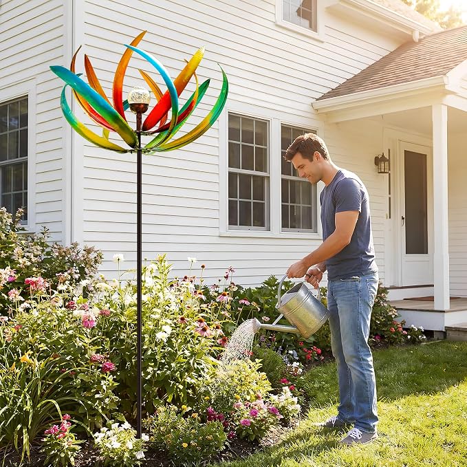 83" Large Solar Wind Spinner Outdoor - Metal Tulip Flower Sculpture with Multi-Color LED Glass Ball - Waterproof Kinetic Yard Art for Garden Lawn Patio, Mother’s Day Birthday Gardening Gifts