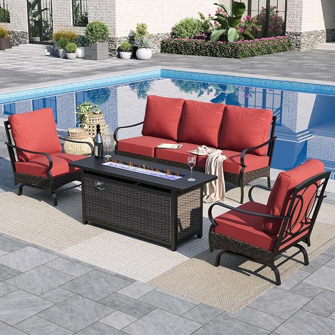 Sophia & William Patio Furniture Set with Fire Pit Table, 4 PCS Metal Outdoor Conversation Set with Fire Pit Table, 2 Sofa Chairs,3-Seater Couch for Outdoor Seating, Backyard, Porch(Red)