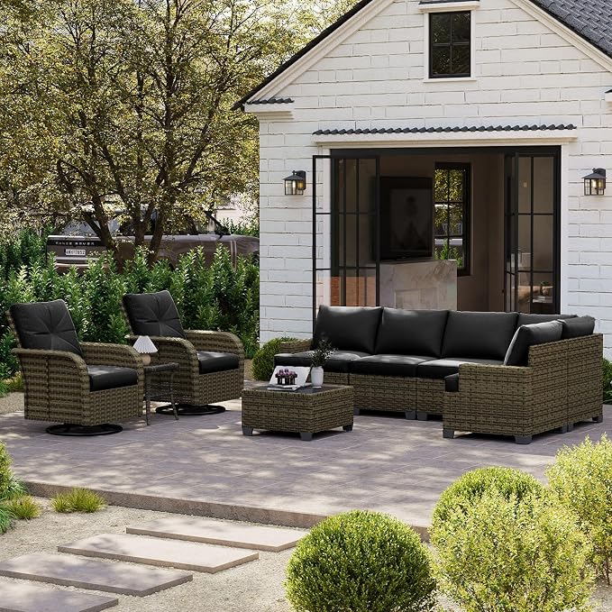 LazySunsets Luxury Patio Furniture Set，All-Weather Patio Sectional Sofas with Thickened Cushions, 8 Piece Outdoor Furniture Sectional Set with Swivel Rocker Chairs of 2，Black