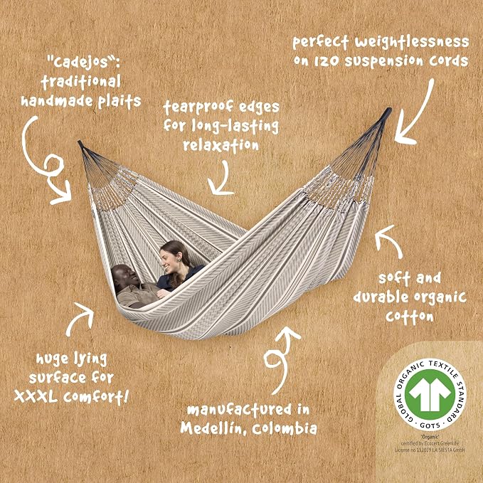 La Siesta Flora Classic Organic Cotton Hammock - Indoor/Outdoor Patio Bed, Portable 2-Person Double Hammock - King, Zebra