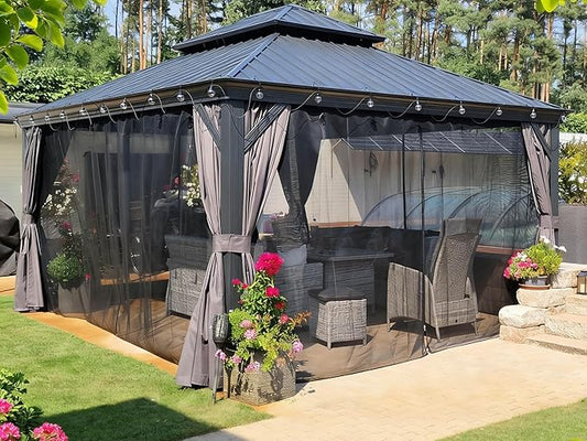 PURPLE LEAF 13' X 15' Permanent Gazebo with Metal Roof Outdoor Hardtop Gazebo with Light for Patio Lawn and Garden Curtains and Netting Included Grey
