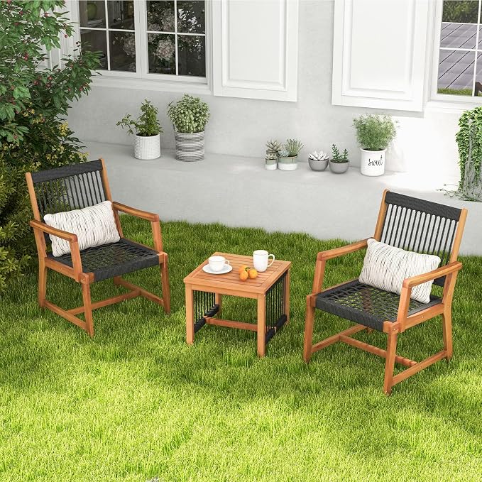 HAPPYGRILL 3 Pieces Acacia Wood Bistro Set, Patio Conversation Set Rope Woven Chair & Table Set for Backyard Porch Garden Poolside