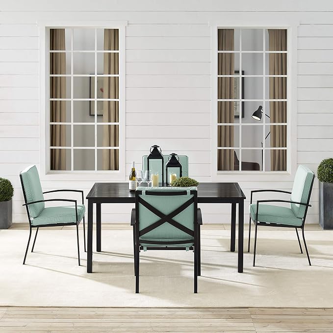 Crosley Furniture Kaplan 5-Piece Outdoor Dining Set for 4, Patio Table and Chairs for Backyard, Deck, Oiled Bronze with Mist Cushions