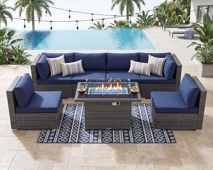 NICESOUL 29.3'' High-Back Outdoor Patio Conversation Set with Fire Pit Table Gas Propane Dual-Fuel, 7 Pcs Oversized Deep & Wide Seated Wicker Sectional Sofa Furniture Set with Firepit, Navy Blue