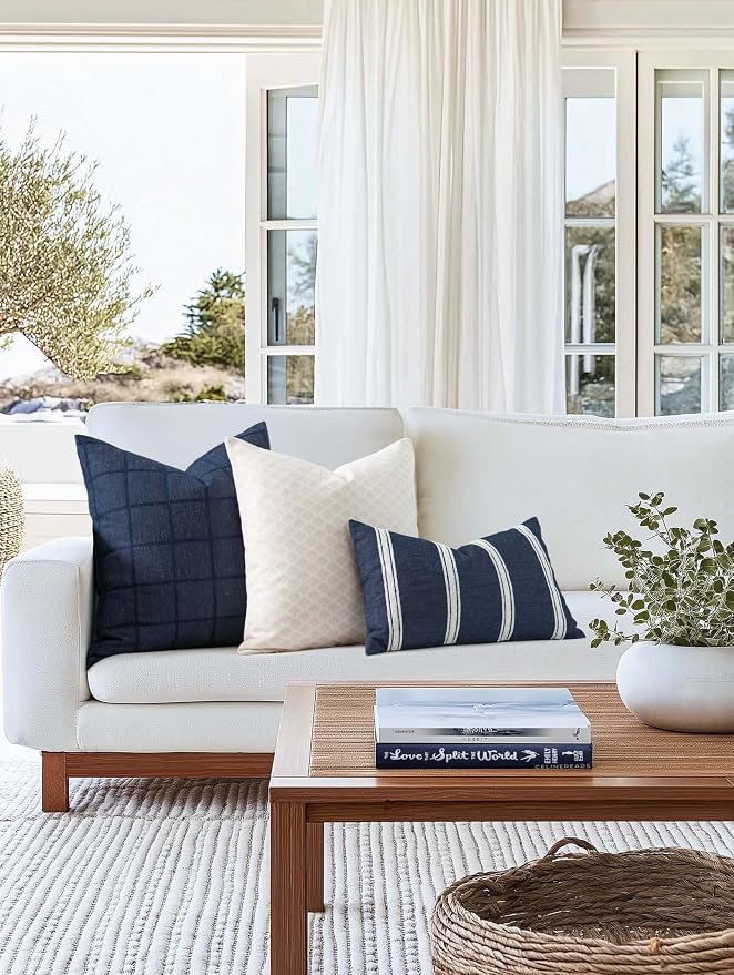 Coastal Linen Indoor Outdoor Throw Pillow Cover Only, 22"x22" Water Repellent for Patio, Backyard, Couch, Dark Navy Plaid