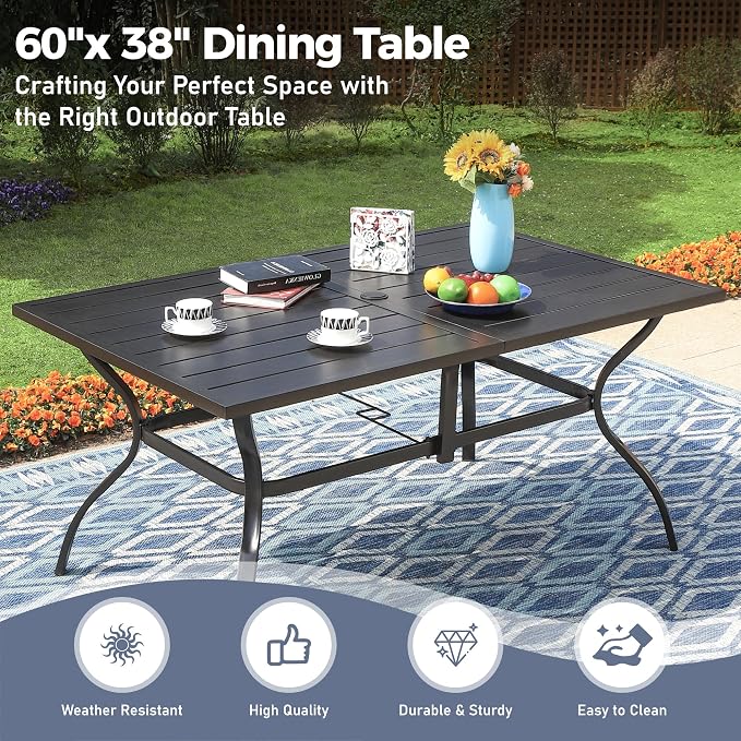 SUNSHINE VALLEY 7 Piece Patio Dining Set for 6, Rectangular Metal Dining Table with Umbrella Hole and 6 Chairs, Outdoor Table and Chairs Set for Lawn Backyard and Deck, Blue