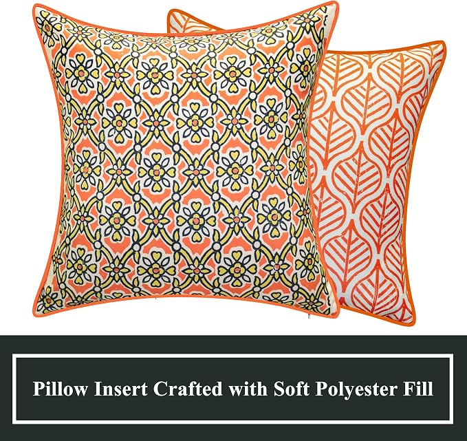 Edie At Home Antique Tile Print Square Decorative Throw Pillow for Patio Furniture, Sofa, Chair, or Bedroom, Reversible, Indoor and Outdoor Collection, 18 x 18 inches, Pumpkin