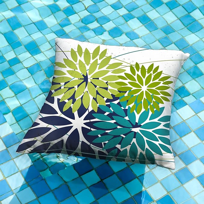 DFXSZ Pack of 2 Outdoor Waterproof Throw Pillow Covers 20x20 Green NavyBlue | Polyester Colorful Spring Summer Floral Decorative Cushion Cases(NO INSERT),For Couch Patio Funiture Garden Home Decor