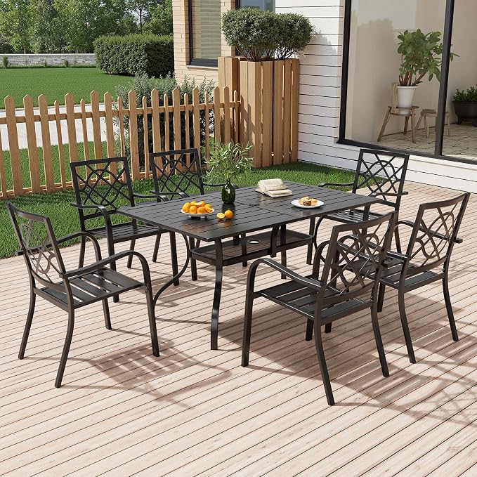 Oakcloud 7-Piece Patio Dining Set, Outdoor Metal Furniture Dining Table Set 6 Stackable Patio Dining Chairs and Rectangle Dining Table with Umbrella Hole, Black