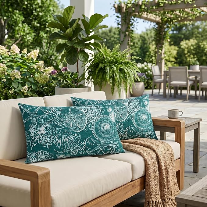 RSH DECOR: Lumbar Throw Pillows Set of 2 | 20” x 12" | All-Weather Spun Fabric | Outdoor Support Pillows for Patio Furniture | Made in USA (Saltwater Atlantic)
