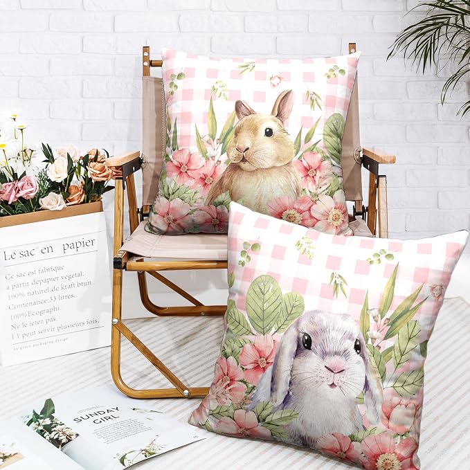 Easter Bunny Pillow Covers 18x18 Set of 2 Spring Floral Decorative Pillowcase Cute Rabbit Cotton Linen Cushion Case Pink Plaid Throw Pillow Covers for Sofa Patio Outdoor