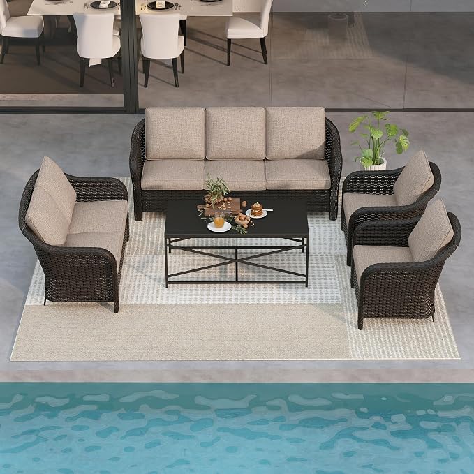 5 Pieces Outdoor Patio Rattan Conversation Furniture Set with Cushions, 78" 3-Seat Wicker Sofa, 55" 2-Seat Couch, 2 Armchairs, Metal Coffee Table for Garden (Beige)