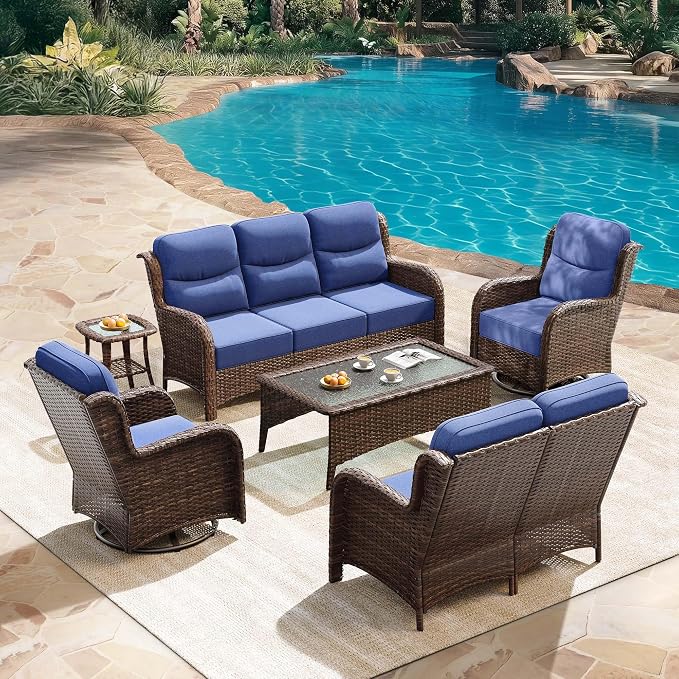 HILLGA Luxury Outdoor Patio Furniture Set with 6-Inch Thick Cushions, High Back Wicker Swivel Rocker Chairs, 6 Pcs All Weather Conversation Set for Large Deck, Yard and Poolside, Blue (V3)