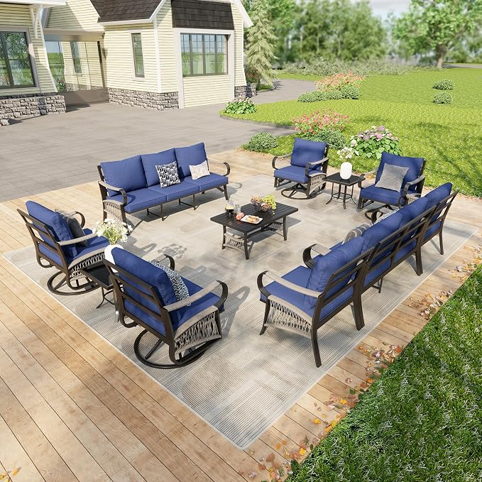 11-Piece Modern Patio Furniture Set, All Weather Metal Outdoor Conversation Sets with 5.1" Extra Thick Cushion for Backyard Garden Deck Porch Poolside, Blue