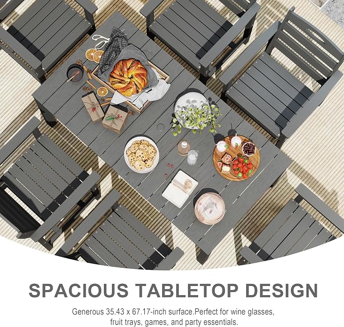 Domi HDPE Outdoor Dining Set, All-Weather 7 Piece Outdoor Dining Table Set with 2" Umbrella Hole, Outdoor Patio Dining Set for Garden, Poolside, Backyard, Deck, Grey