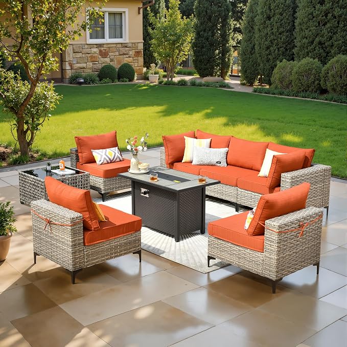8 Pcs Patio Furniture with Fire Pit Table, Outdoor Rattan Wicker Conversation Set with Glowing Coffee Table, Comfy Sectional Sofa for Porch Balcony Backyard Pool, Orange