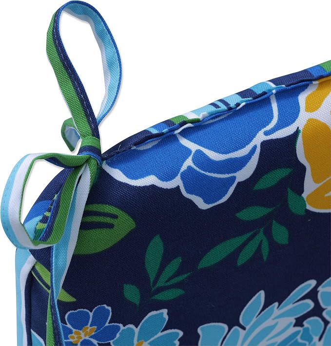 Pillow Perfect Reversible Floral Stripe Indoor/Outdoor Round Corner Chair Seat Cushion with Ties, Plush Fiber Fill, Weather, and Fade Resistant, 15.5" x 18.5", Blue/Yellow Spring Bling, 2 Count
