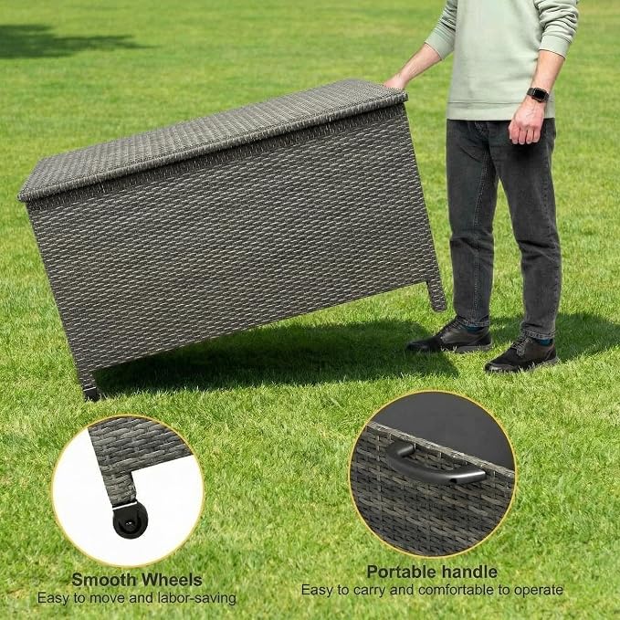 125 Gallon Wicker Deck Box, All-Weather Outdoor Storage Bin with Rattan Finish, Large Capacity for Patio Furniture, Cushions, Pool Supplies & Garden Tools (Gray)