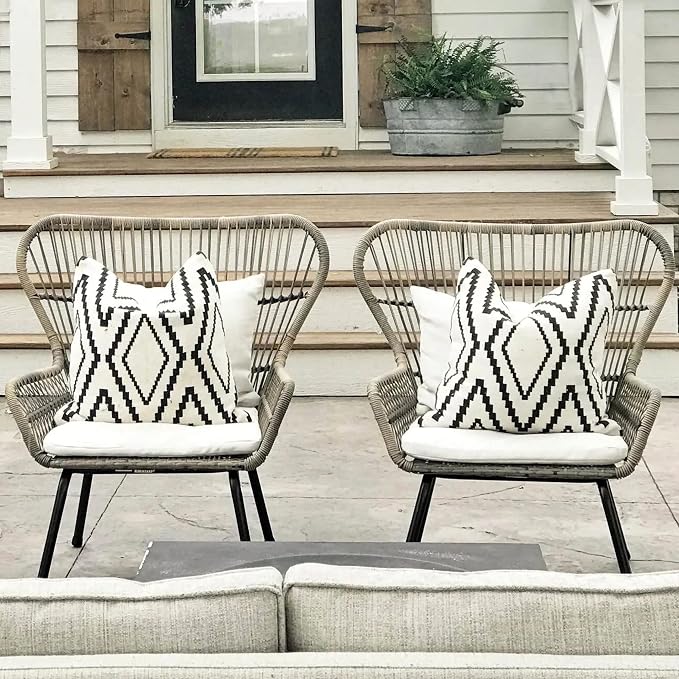 Outdoor Pillow Cover Waterproof Set of 2, Geometric Boho Black and White Throw Pillows for Patio Furniture, Outdoor Pillow Covers for Couch, White (Black&White-02, 18x18 Inch)