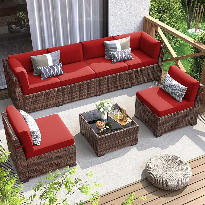 Patio Furniture Set, 7 Pieces Outdoor Modular Conversation Set Wicker Sectional Sofa for All Weather Rattan Patio Couch for Porch Garden Backyard Balcony Poolside (Red)