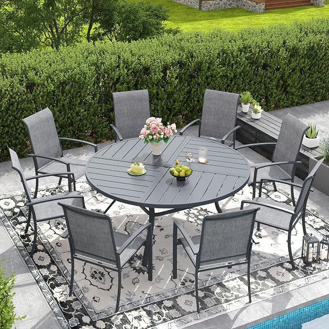 DIFY 9 Pieces Outdoor Dining Set, Metal Patio Table and Chairs Set for 8 with Umbrella Hole, 53.1" Round Dining Table and Textilene Stackable Patio Chairs for Garden Backyard Poolside, Grey