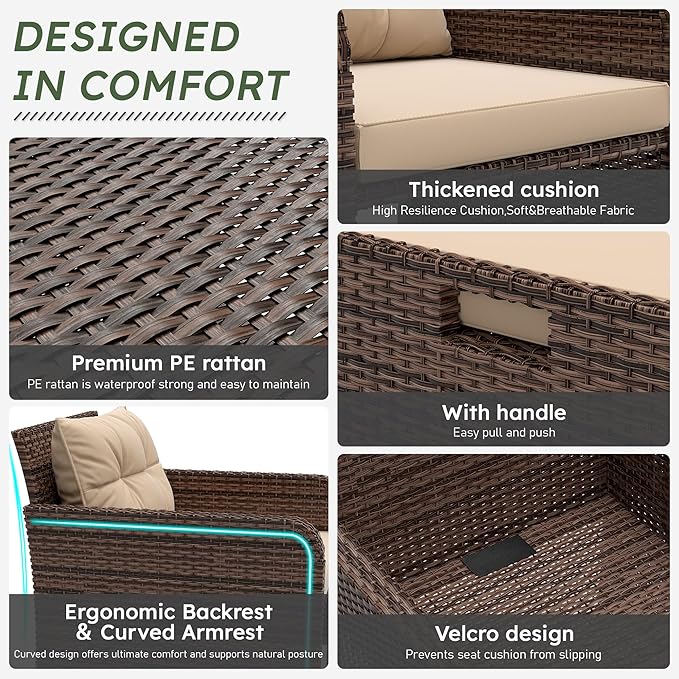 LHBcraft Outdoor Furniture 5 Piece Patio Conversation Set, PE Rattan Patio Set with Soft Cushions & Coffee Table, Outside Furniture with Hidden Ottoman for Porch, Lawn, Garden, Balcony, Brown