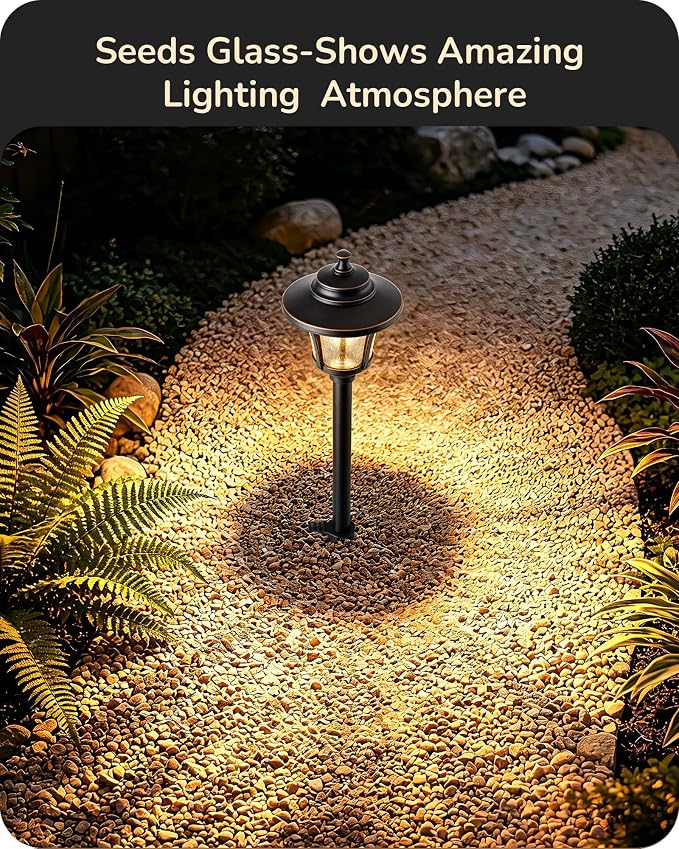 EDISHINE Low Voltage Landscape Lighting 12V 3W 120LM with Connectors 4 Pack | 3000K, Seed Glass, ORB Waterproof Electric LED Pathway Light Wired for Walkway Garden Yard