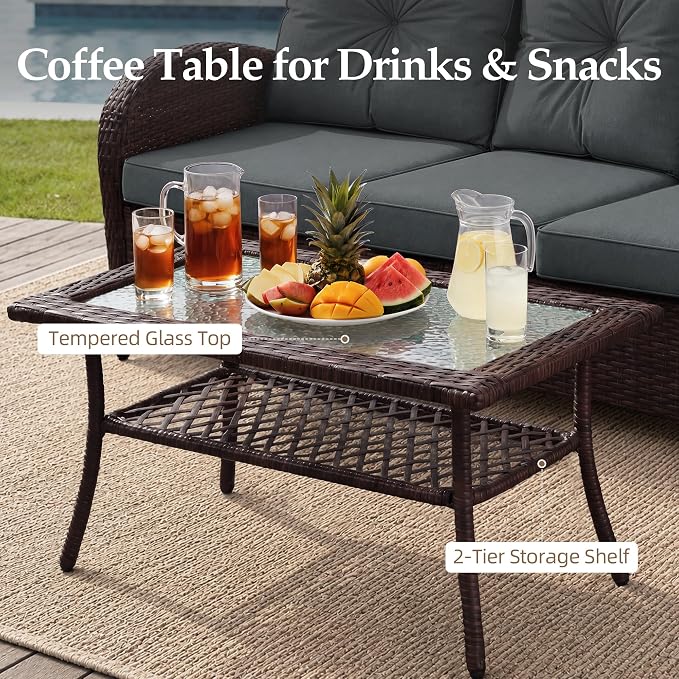 UPHA 6 Pieces Patio Furniture Sets, Wicker Outdoor Sofa Set with Loveseat & 3-Seat Couch, Swivel Chairs, Patio Conversation Set for Deck Backyard Garden, Brown Rattan, Gray Cushion