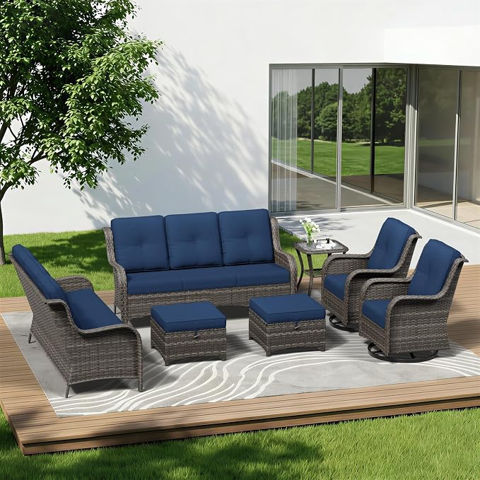 7 Piece Outdoor Wicker Patio Furniture Set, Outdoor Swivel Rocker Patio Chairs Set with Thickened Olefin Cushions, High Back and Deep Seating, Hand-Woven PE Rattan for Porch, Deck