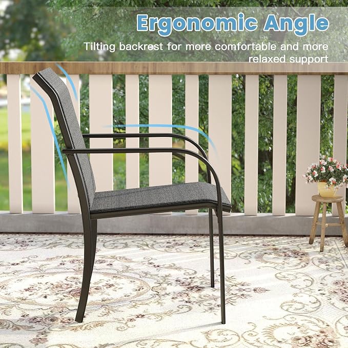 DIFY 5 Pieces Outdoor Patio Dining Set for 4, 40.2" Square Metal Dining Table and 4 Stackable Textilene Patio Chairs, Outdoor Table and Chairs for Backyard Garden Poolside, Grey