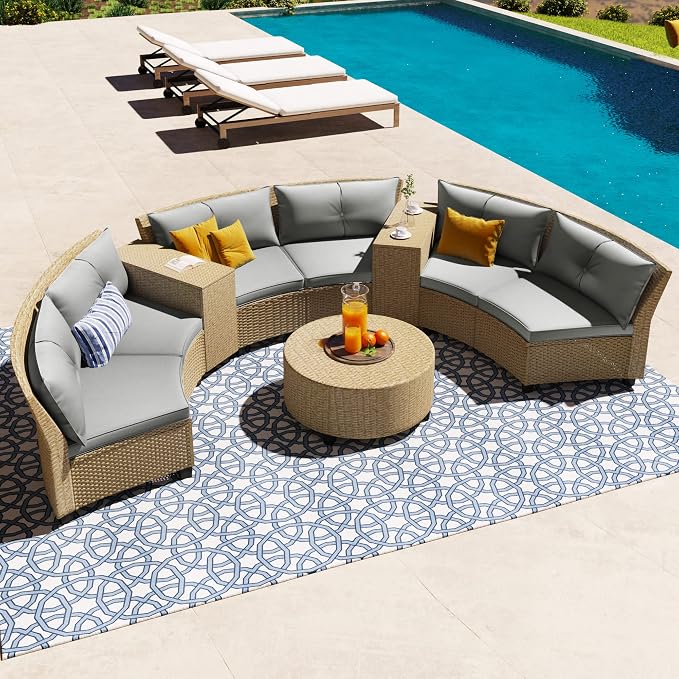 9-Piece Wicker Half Moon Sectional Sofa Set, Patio Conversation Seat Group with Cushions and Coffee Table, Semi-Circle Six-Seater Sofa Constructed, Beige-brown