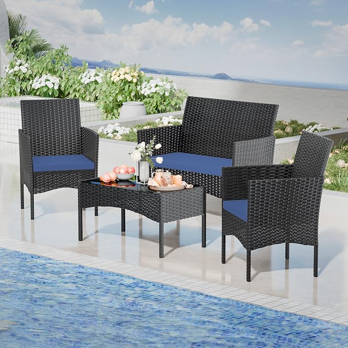 4 Pieces Patio Furniture Set Outdoor Conversation Set Rattan Furniture Set Wicker Chairs and Sofa with Glass Table for Porch Pool Backyard Garden,Navy Blue