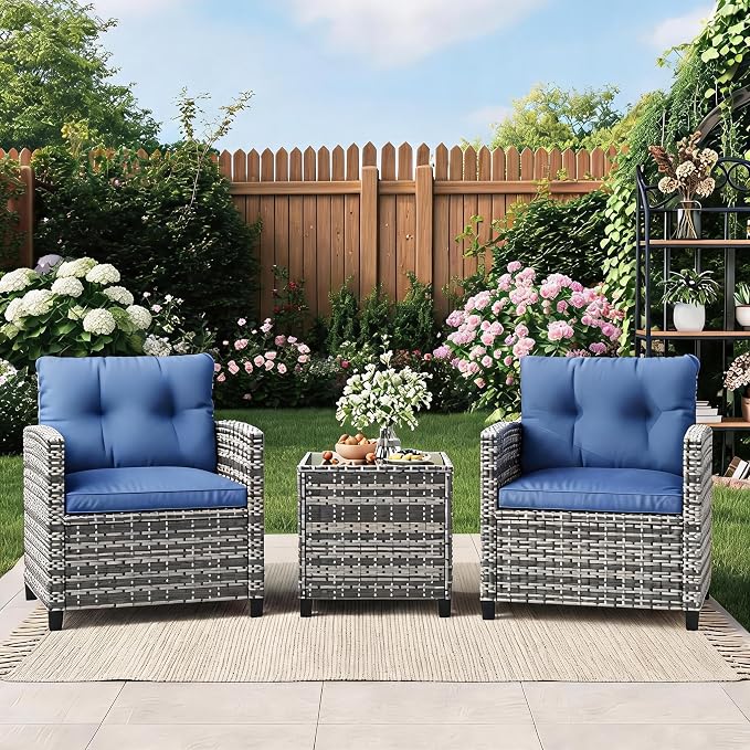 IDEALHOUSE 3-Piece Outdoor Patio Furniture Set, PE Rattan Wicker Conversation Chairs with Tempered Glass Side Table and Removable Cushions, Balcony, Porch & Garden Seating Set, Grey+Navy Cushion