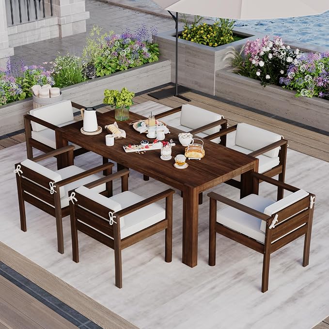 7-Piece Patio Dining Table Set for 6, Outdoor Furniture Sets with 71" Rectangle Table and Removable Cushions for Backyard, Garden, Poolside Deck (Beige+Mocha)