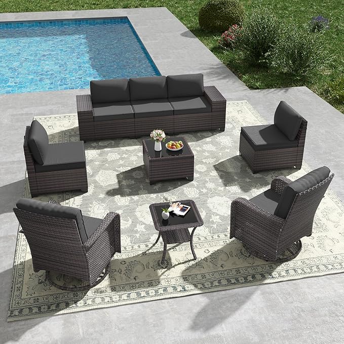 Kullavik 9 Pieces Outdoor Patio Furniture Set,PE Wicker Rattan Sectional Sofa Patio Conversation Sets with Tempered Glass Table,Swivel Rocking Chairs Set,Grey