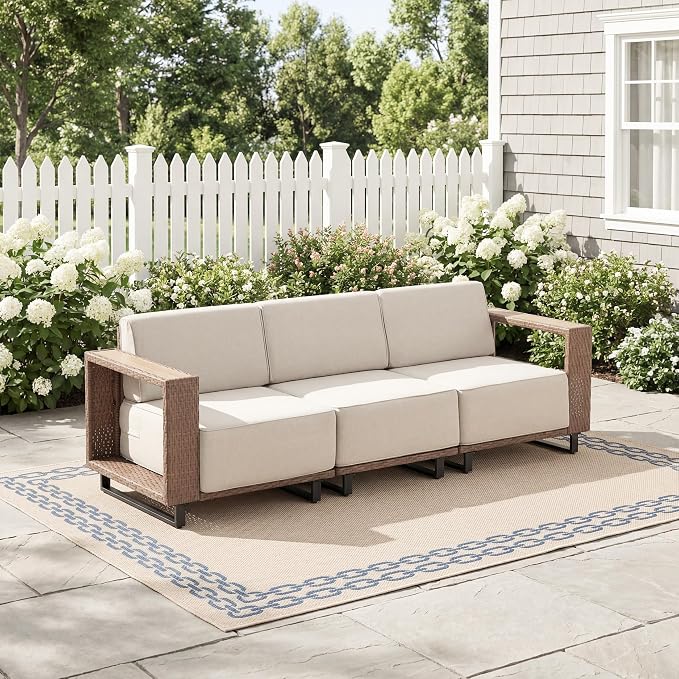 Bonzy Home Patio 3 Seater Couch, Wicker Rattan Outdoor Sectional Sofa with Widened Armrest and Extra-Thick Soft Cushions, Patio Conversation Sets for Porch, Garden Poolside Balcony