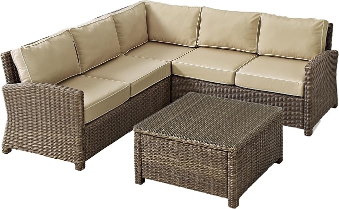 Crosley Furniture Bradenton 4-Piece Outdoor Sectional Sofa Wicker Conversation Patio Furniture Set for Deck, Brown with Sand Cushions