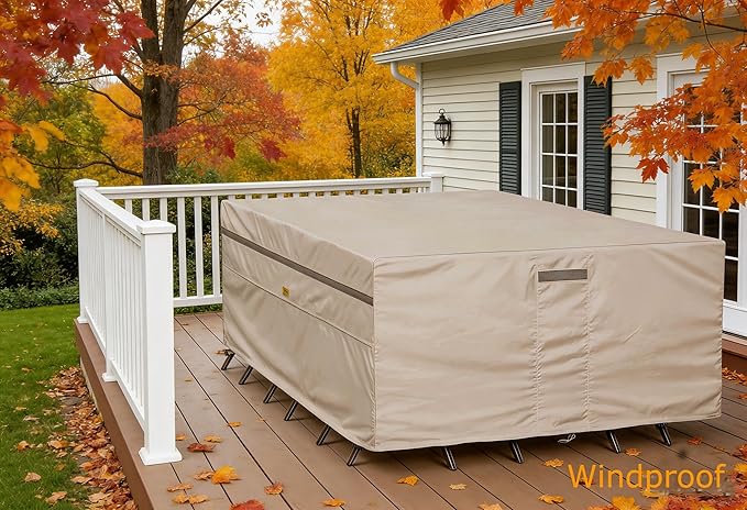 600D Heavy Duty Waterproof Patio Furniture Covers UV Resistant Rectangualr Outdoor Table and Chair Covers 74" Wx 47" D x 28" H Beige