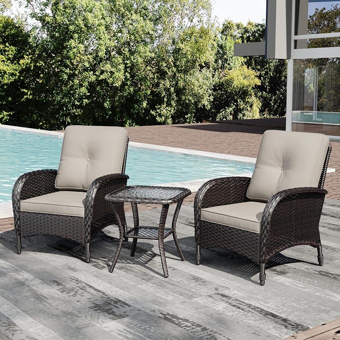 Joyside Wicker Patio Chairs, 3 Piece Rattan Outdoor Furniture with Thickened Cushions, High Back, Deep Seating, Wide Armrest, Outdoor Chairs for Porch, Deck